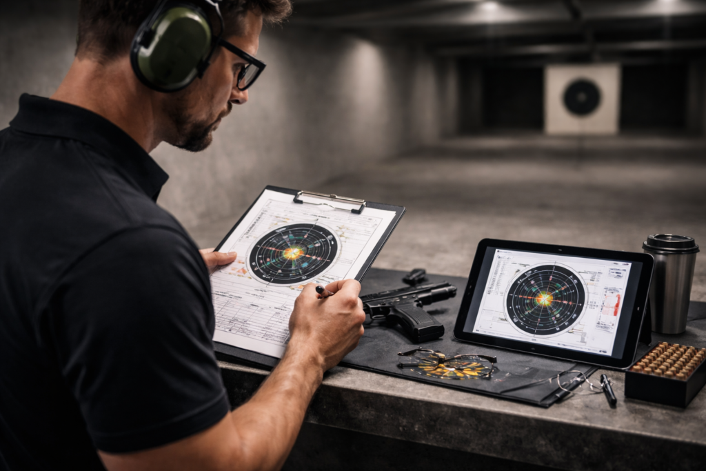 Analyse im Schießtraining mit Zielscheibe und digitaler Auswertung