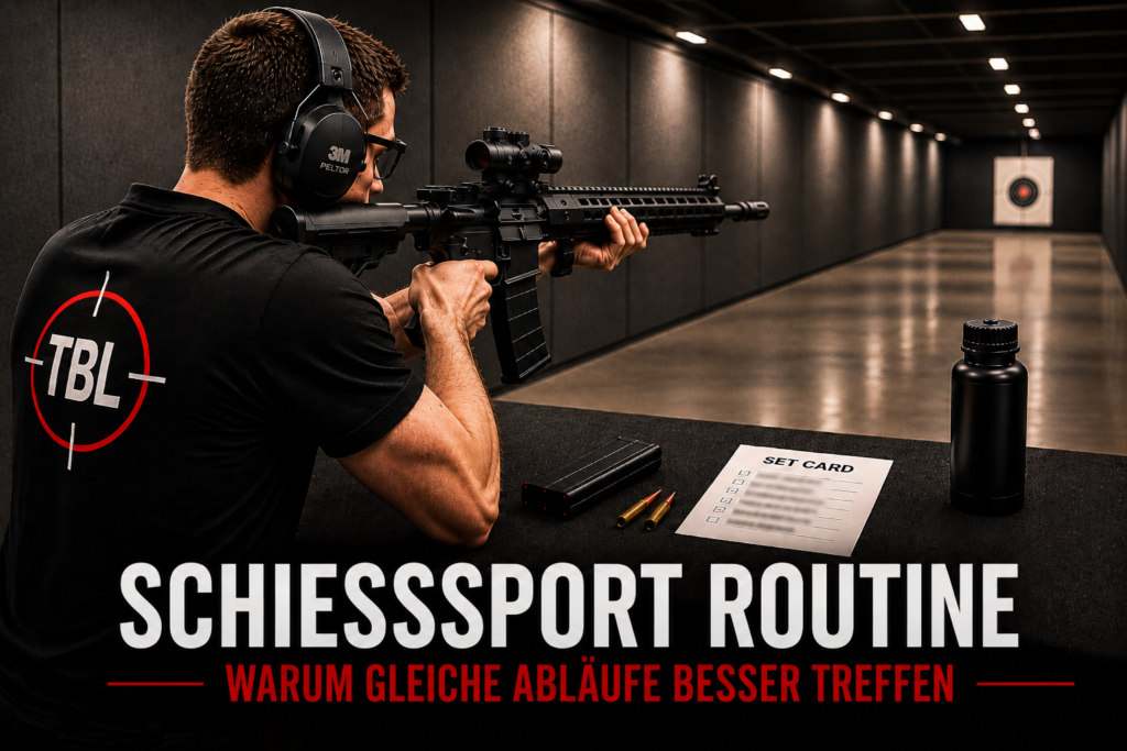 Sportschütze mit AR-15 auf einem Indoor-Schießstand. Vor ihm liegen nur die benötigten Ausrüstungsgegenstände sowie eine Set Card zur Wettkampfvorbereitung.
