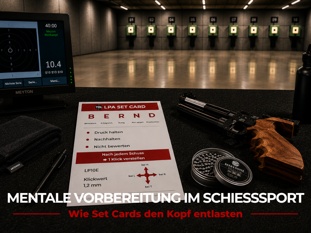 Eine Set Card liegt zusammen mit einer Luftpistole und Schießsportausrüstung auf einem Schießstand mit elektronischer Meyton-Anlage und verdeutlicht die mentale Vorbereitung im Schießsport.