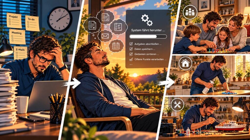llustration eines Mannes zwischen Arbeitsstress, gedanklichem Runterfahren und entspannter Zeit mit Familie, Haushalt und Hobby