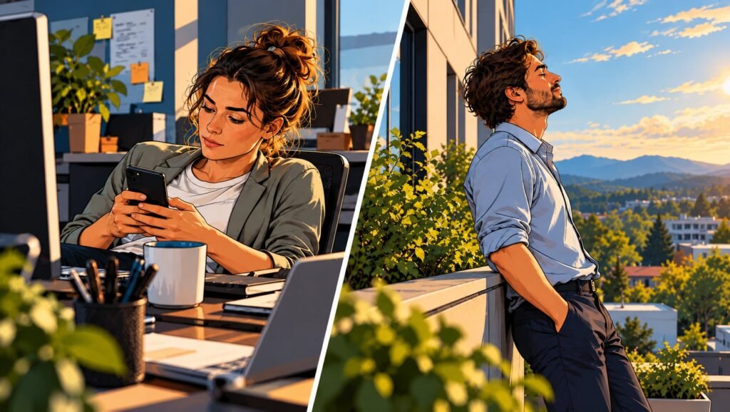 Pause im Arbeitsalltag: Smartphone am Arbeitsplatz im Vergleich zu einer bewussten Pause an der frischen Luft